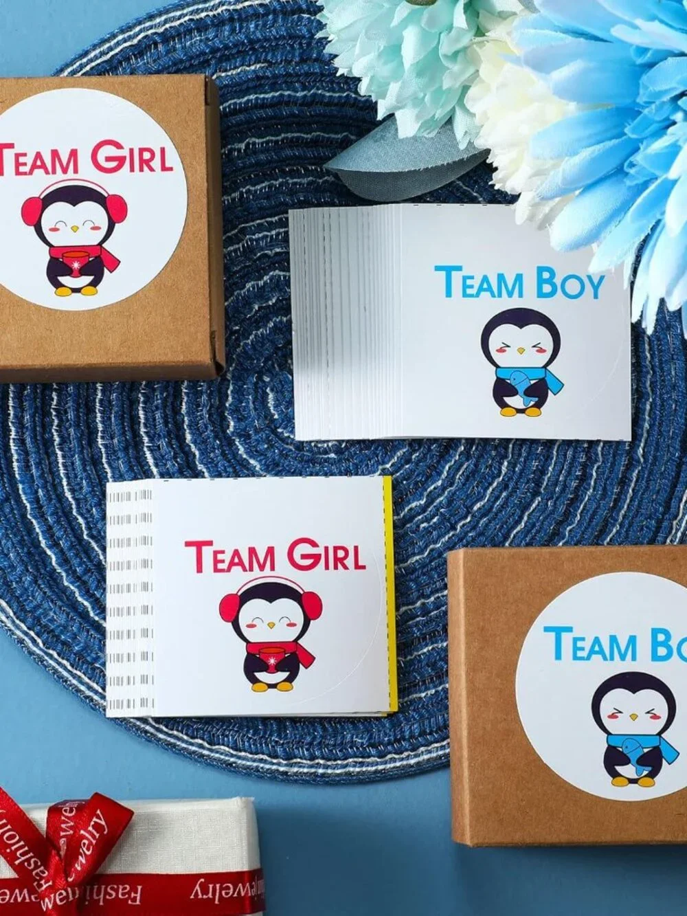 60 Pieces Gender Reveal Penguin Stickers Team Boy or Team Girl